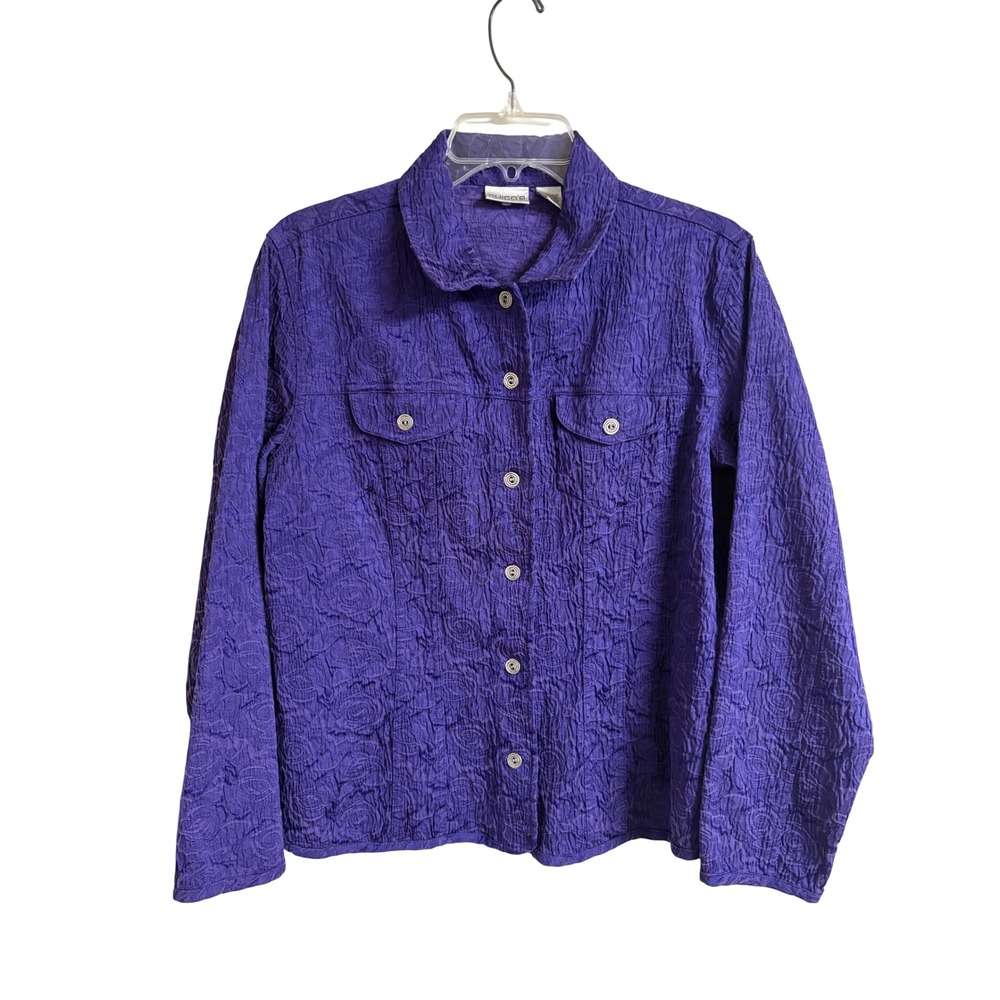 Chicos Purple Floral Jacquard Crinkle Texture Button Front Jacket Size 2 L